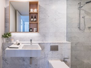 Combined shower/bathtub, hair dryer, towels, soap