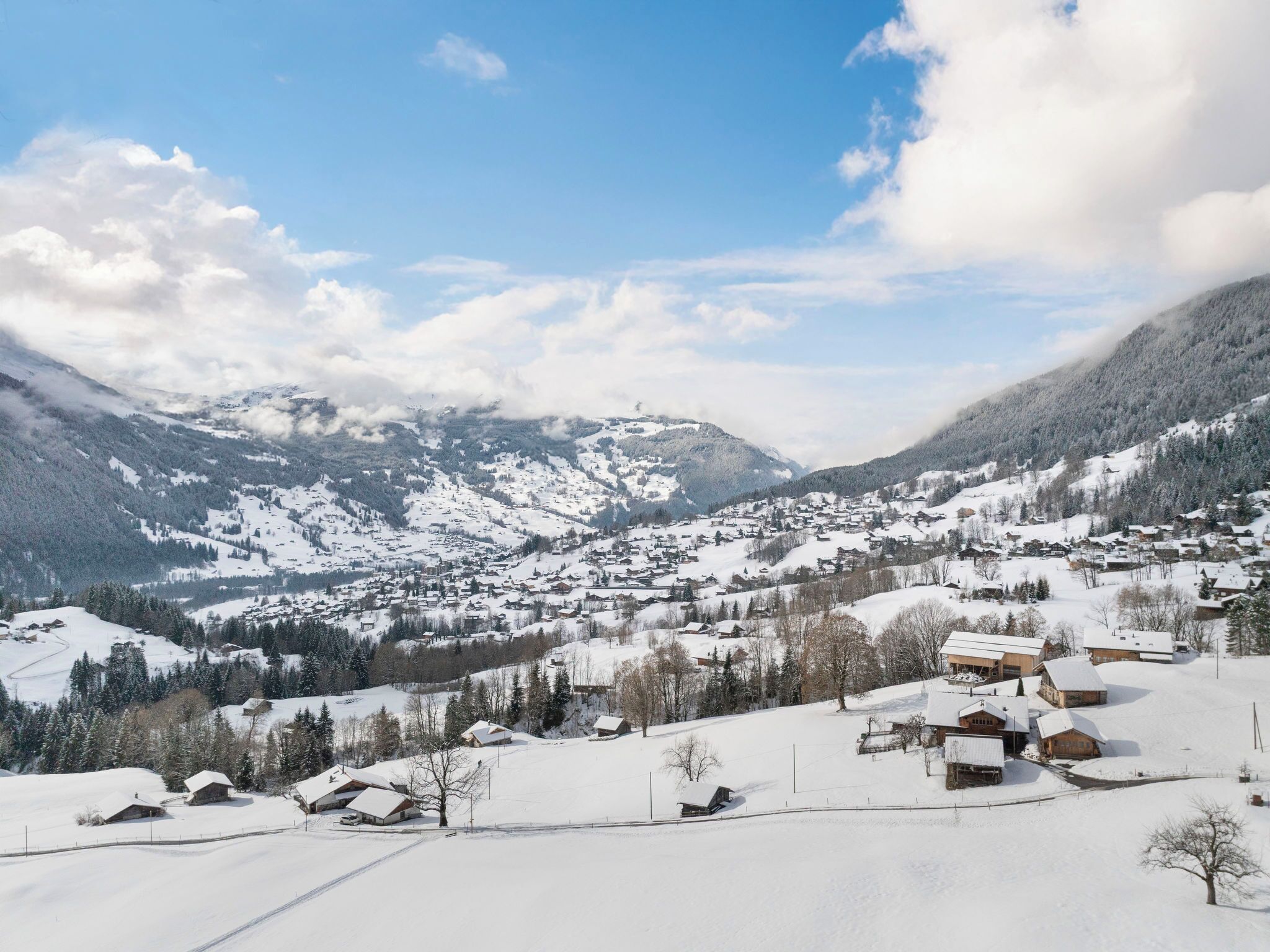 A snow-covered village with houses and mountains in the background.