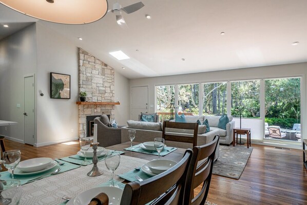 TV, fireplace, music library