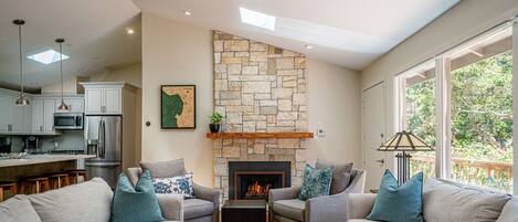 TV, fireplace, music library