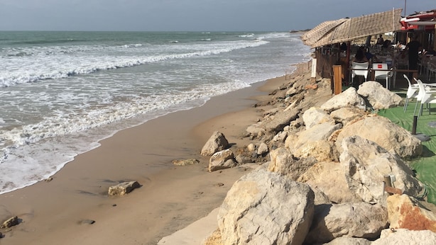 A beach with a rocky shoreline, a thatched-roof structure, and a sandy beach. - Comfortable apartment and swimming pool in the shade of the pine forest of Chipiona (Chipiona)