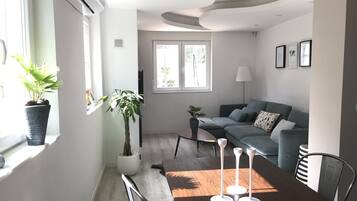 Smart TV, fireplace, table tennis, books