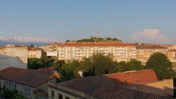 A multi-story building with a tiled roof, surrounded by other buildings and trees.