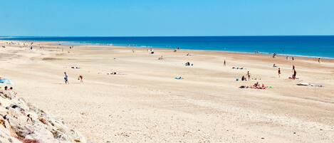 A wide sandy beach with people walking and relaxing.