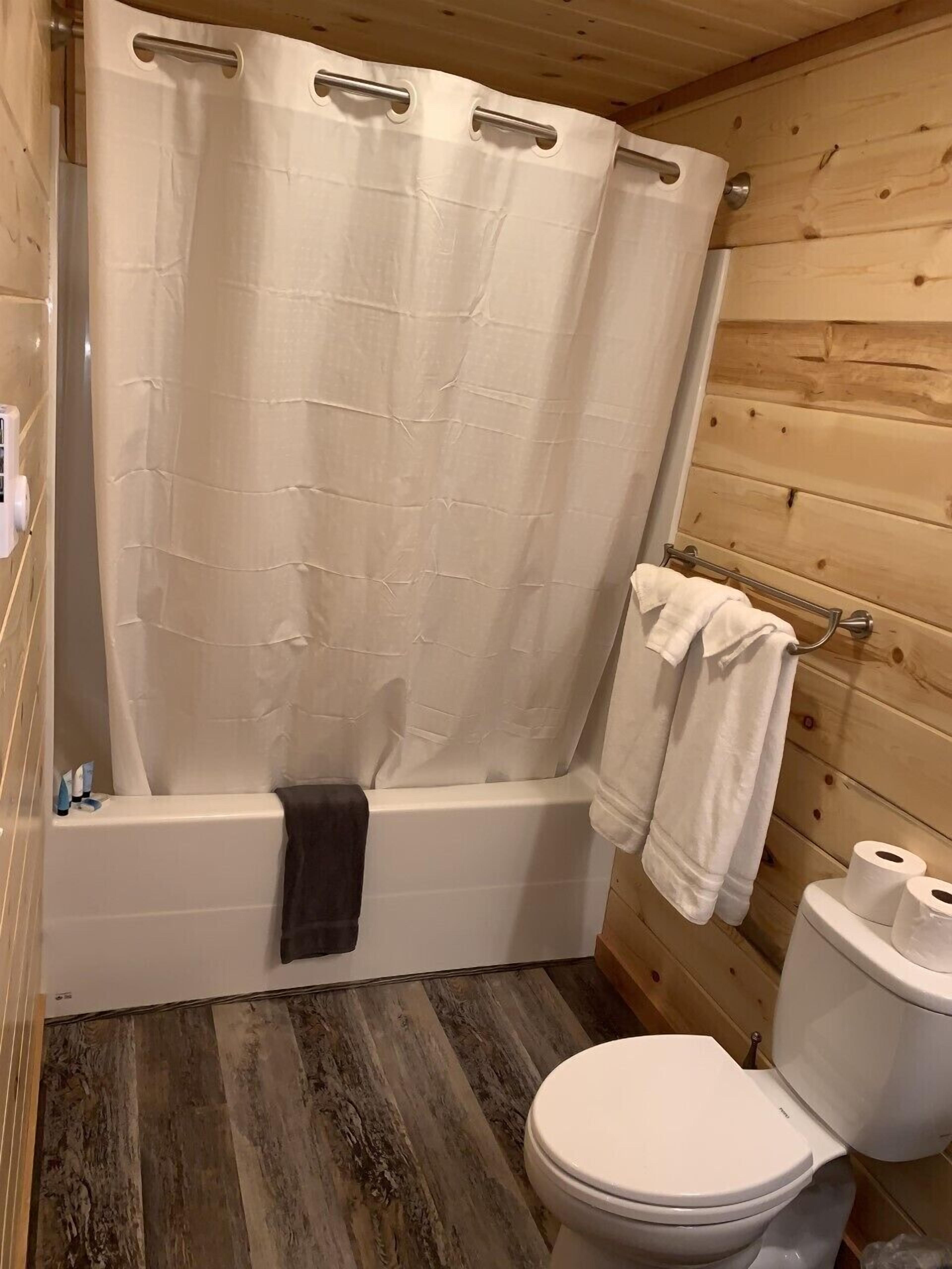 deluxe room, 2 queen beds, mountain view | bathroom | combined shower/bathtub, deep-soaking bathtub, designer toiletries