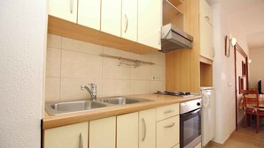 A compact kitchen with two sinks, a stove, and a dishwasher.