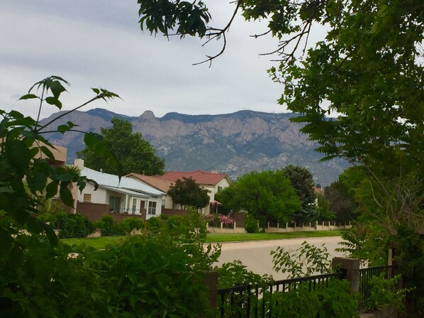A residential area with houses, a road, and mountains in the background.