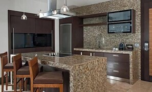 Fridge, microwave, stovetop, coffee/tea maker