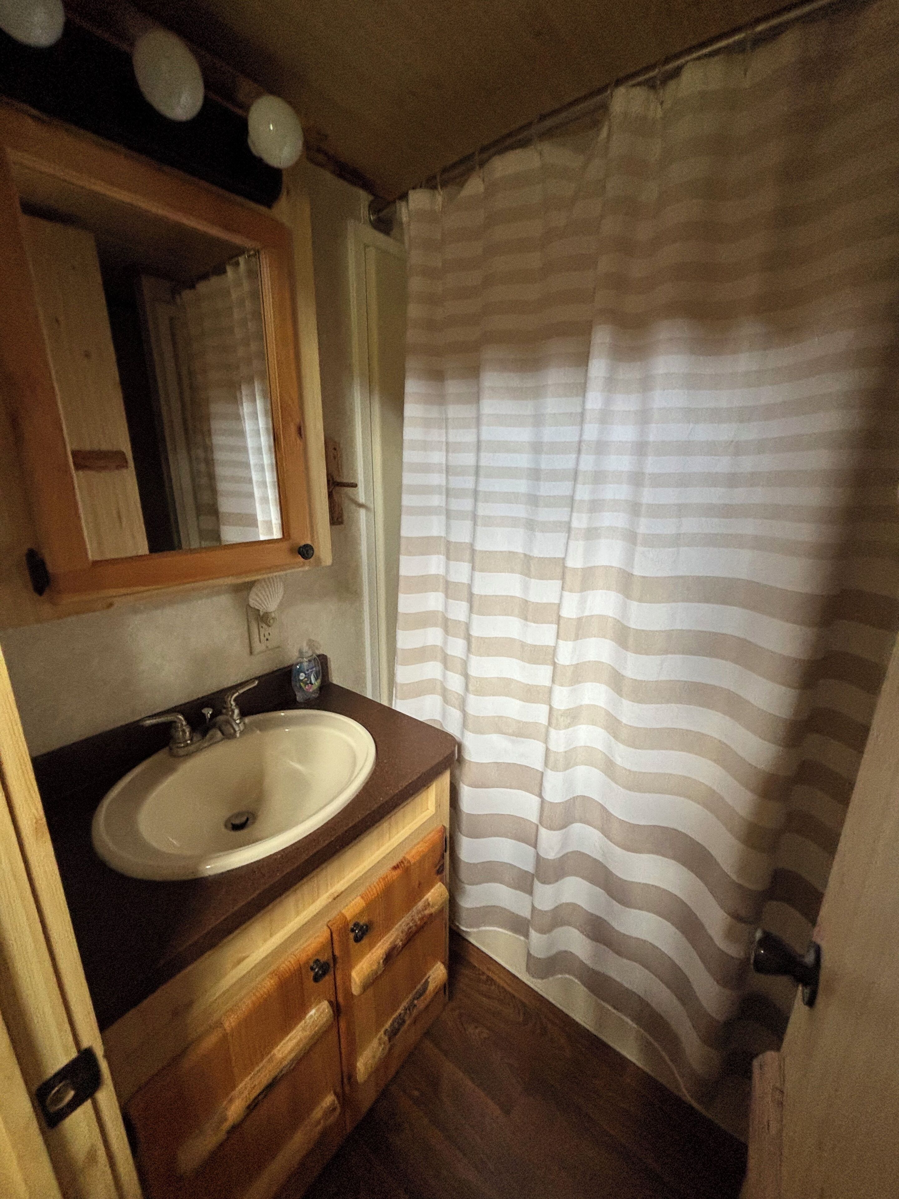 Combined shower/tub, hair dryer, towels, soap