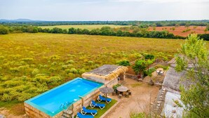 Una piscina con sillas de descanso, una estructura de techo de paja y vista a un campo cubierto de hierba.