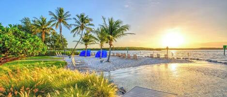 A beachside resort with a wooden deck, palm trees, and a sunset view.