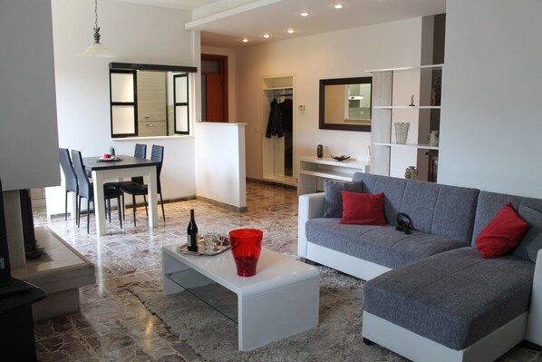 TV, caminetto, libri