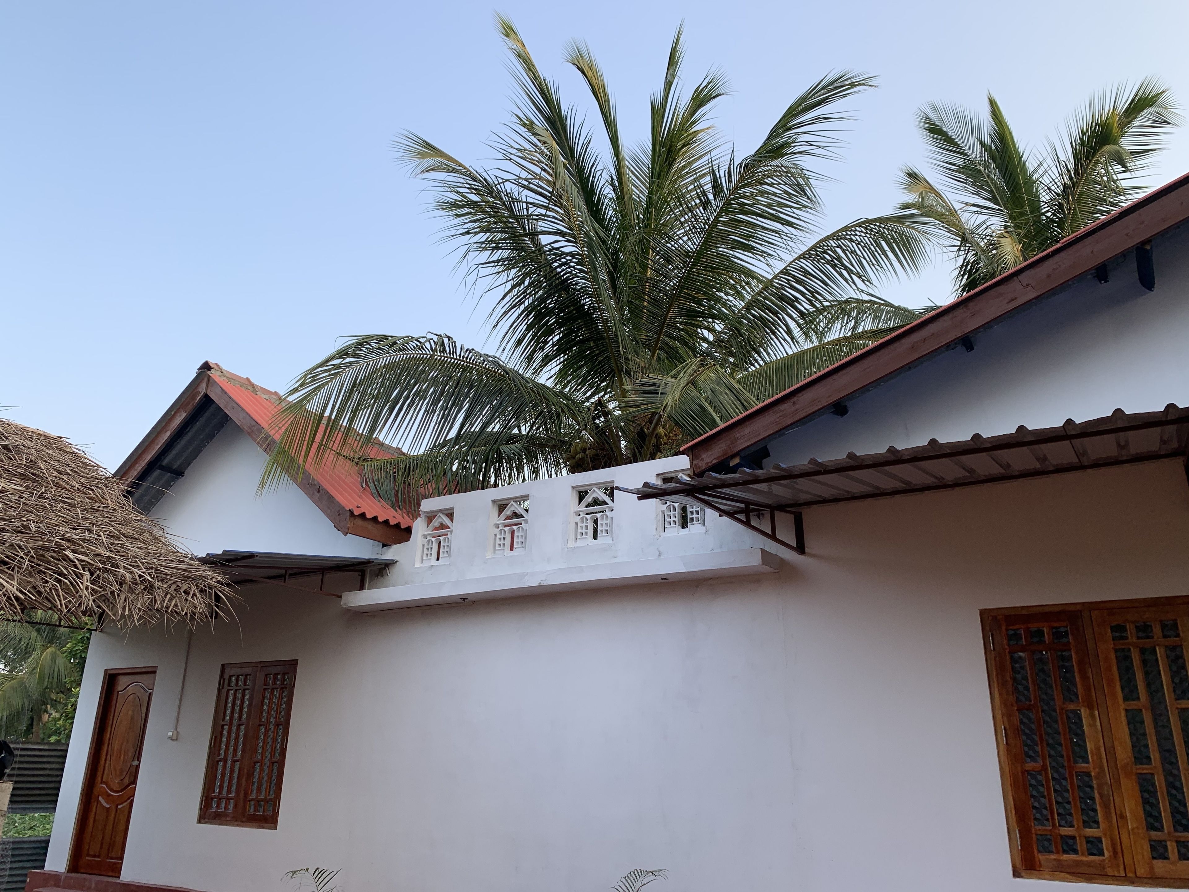 A traditional building with a thatched roof, white walls, and wooden windows.