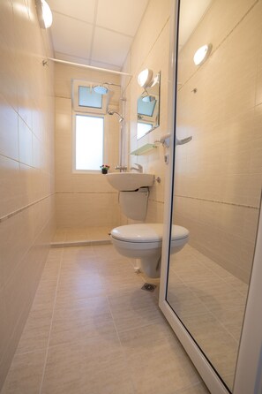 Combined shower/bathtub, hair dryer, towels, soap