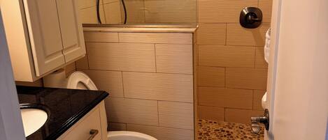 A bathroom with a toilet, sink, and shower area.