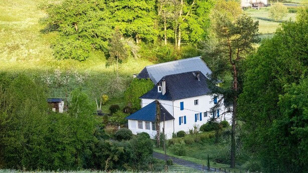 Une maison blanche avec un toit foncé, entourée d’une végétation luxuriante et d’arbres.