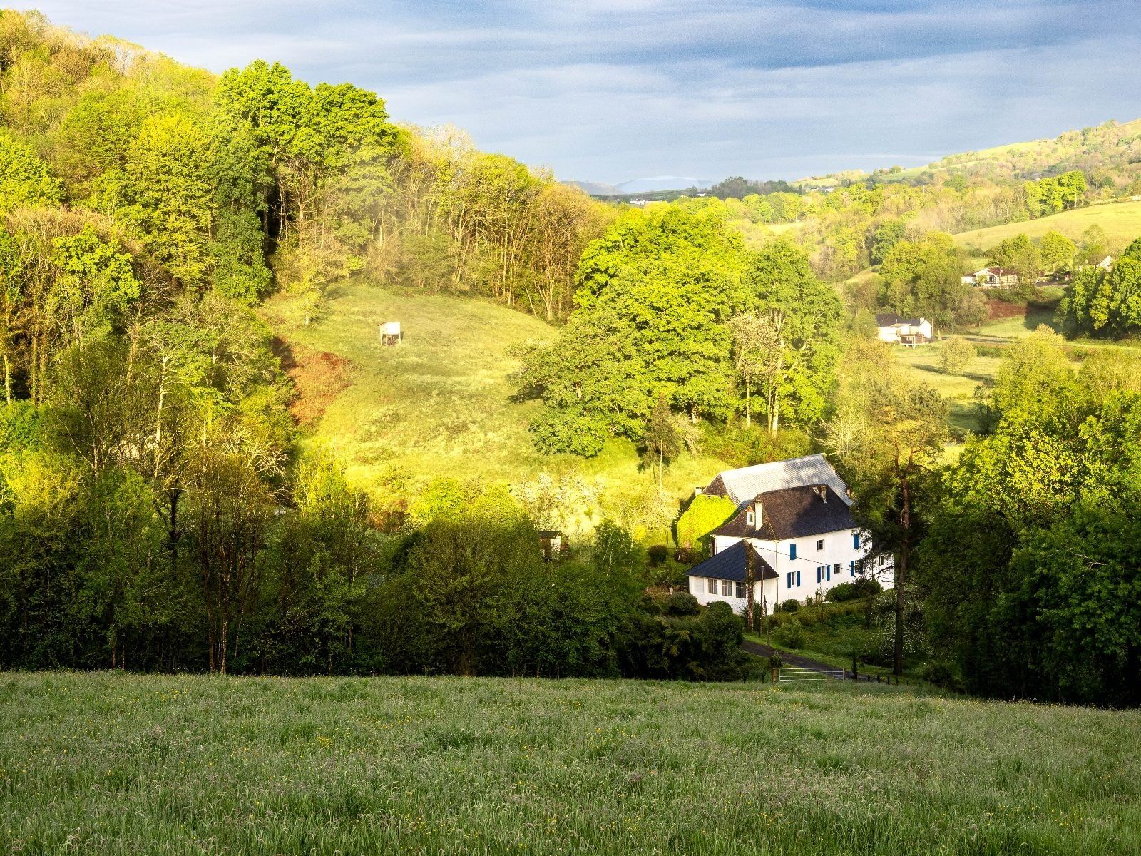 Uma casa branca com telhado escuro, cercada por vegetação exuberante e colinas ondulantes.