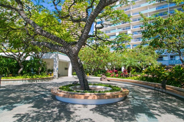 A landscaped courtyard with a central tree, a circular seating area, and a multi-story building in the background.