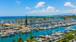 A marina with numerous boats docked, surrounded by palm trees and a clear blue sky.