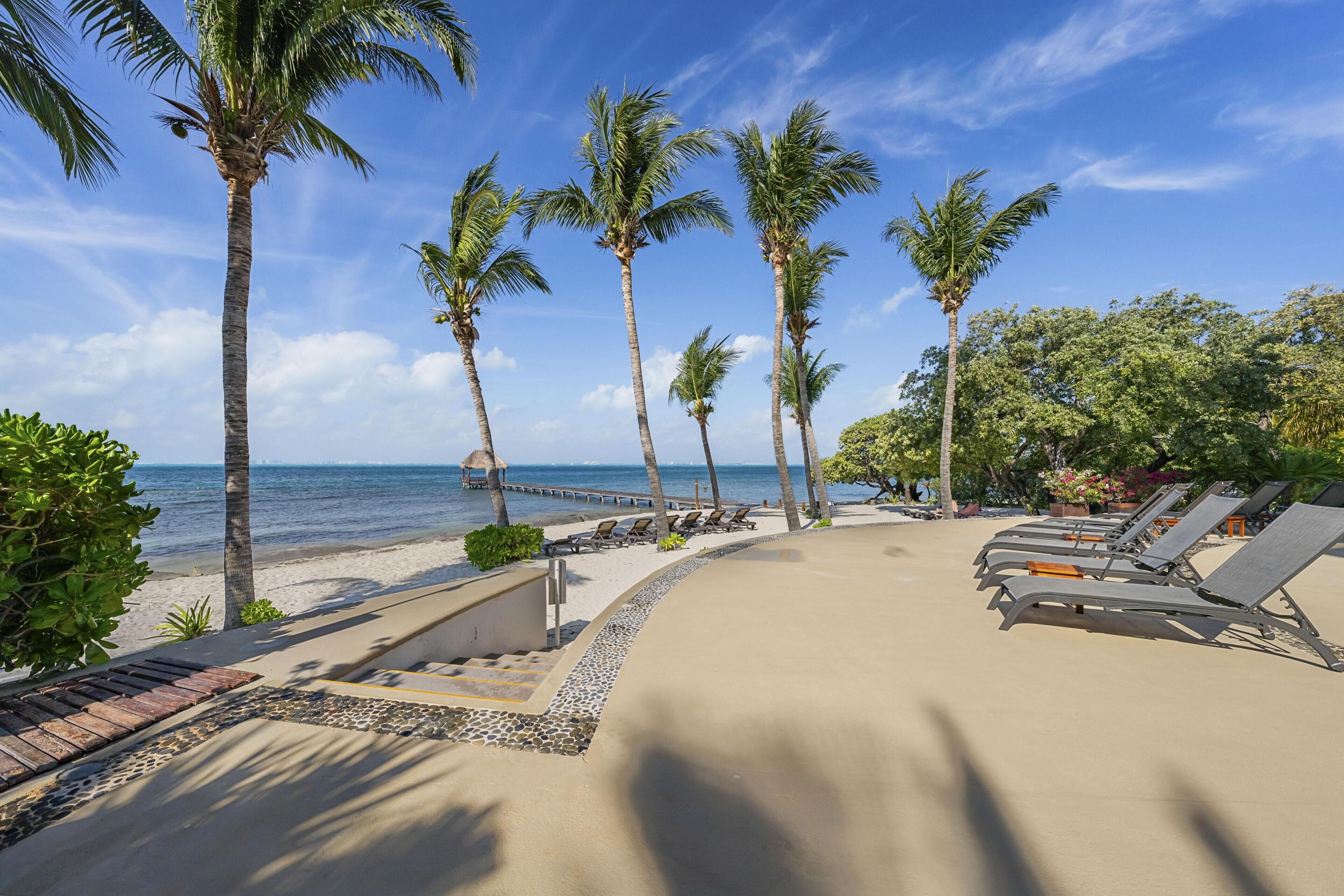A beachside resort with palm trees, lounge chairs, and a clear view of the ocean.
