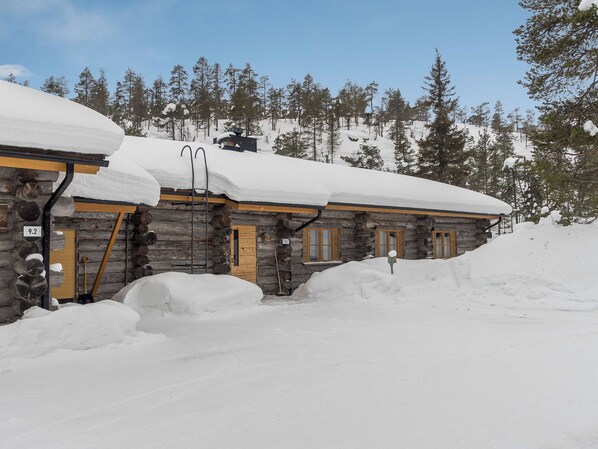 A log cabin with a snow-covered roof, wooden shutters, and a metal ladder.