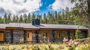 A log cabin with a flat roof, multiple windows, and a chimney.