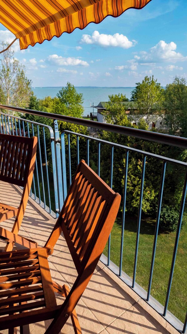 A balcony with a view of the sea and trees.