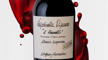 Eine Weinflasche mit einem Etikett, das "Valpolicella Ripasso 'il Fornello' Classico Superiore von Stefano Accordi" zeigt.