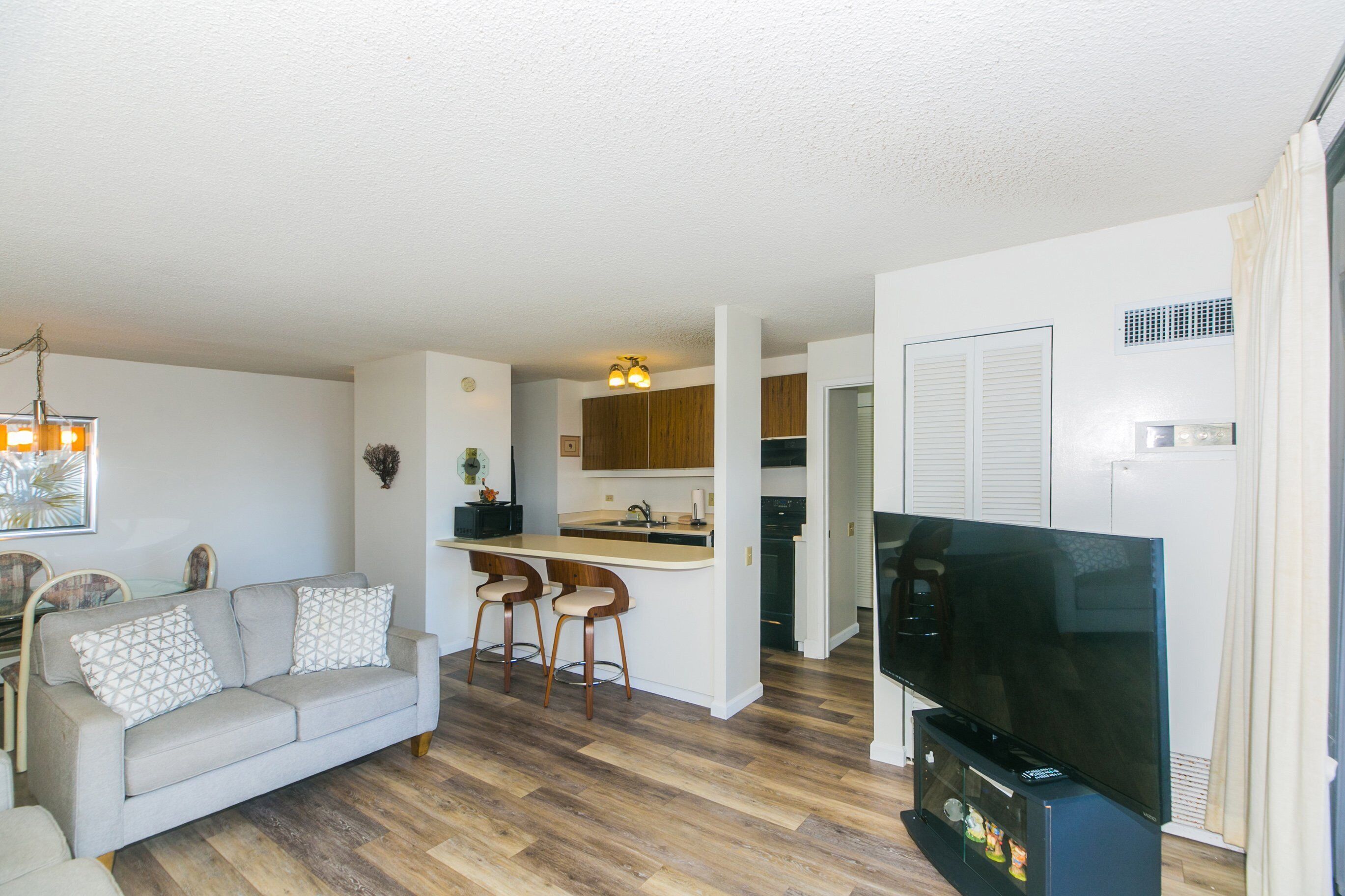 A living room with a sofa, TV, and a kitchen area with a bar.
