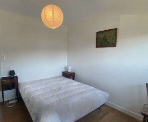 Een slaapkamer met een bed, een nachtkastje, een lamp, een aan de muur hangend schilderij en een hangende lamp.