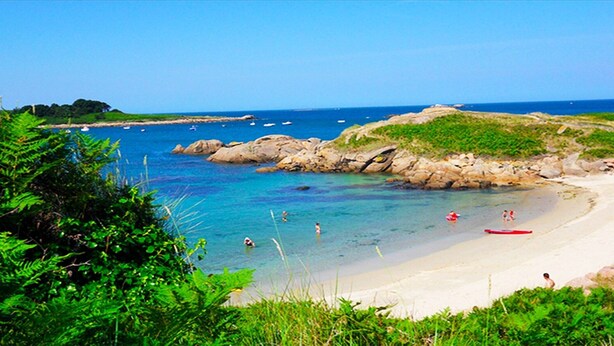 Ein Strand mit klarem türkisblauem Wasser, Felsen und üppiger Vegetation.