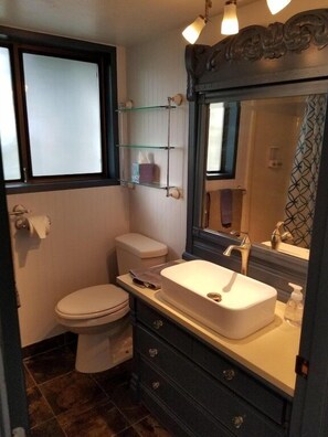 A bathroom with a white toilet, a white sink, a mirror, and a shelf with toiletries. - Cute Rockaway Beach Cabin (Rockaway Beach)