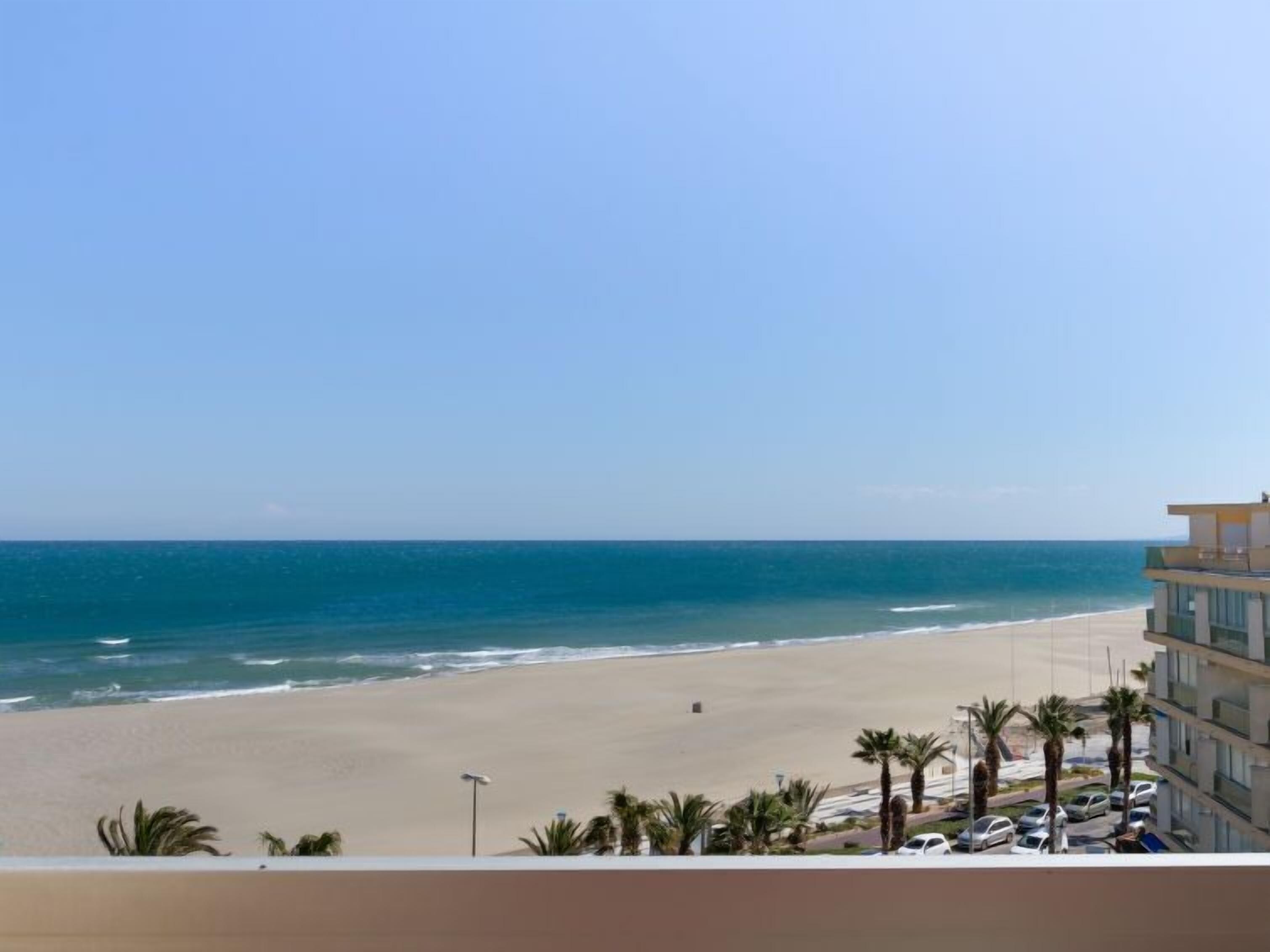 Un hôtel situé en bord de mer, offrant une vue sur l’océan, les palmiers et les voitures garées.