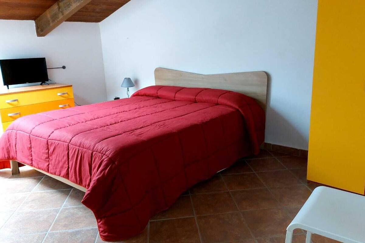 Un dormitorio con una cama, un televisor en una cómoda, una lámpara y un armario.
