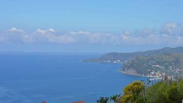 A coastal view with a clear sky, a calm sea, and a distant landmass with buildings.