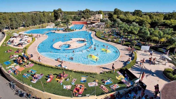 Une grande piscine extérieure dotée de plusieurs couloirs de nage et entourée d’une pelouse aménagée avec des chaises longues.