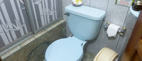 Un baño con inodoro, cubo de basura y zona de ducha.