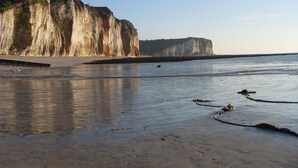 Una playa con un acantilado grande al fondo.