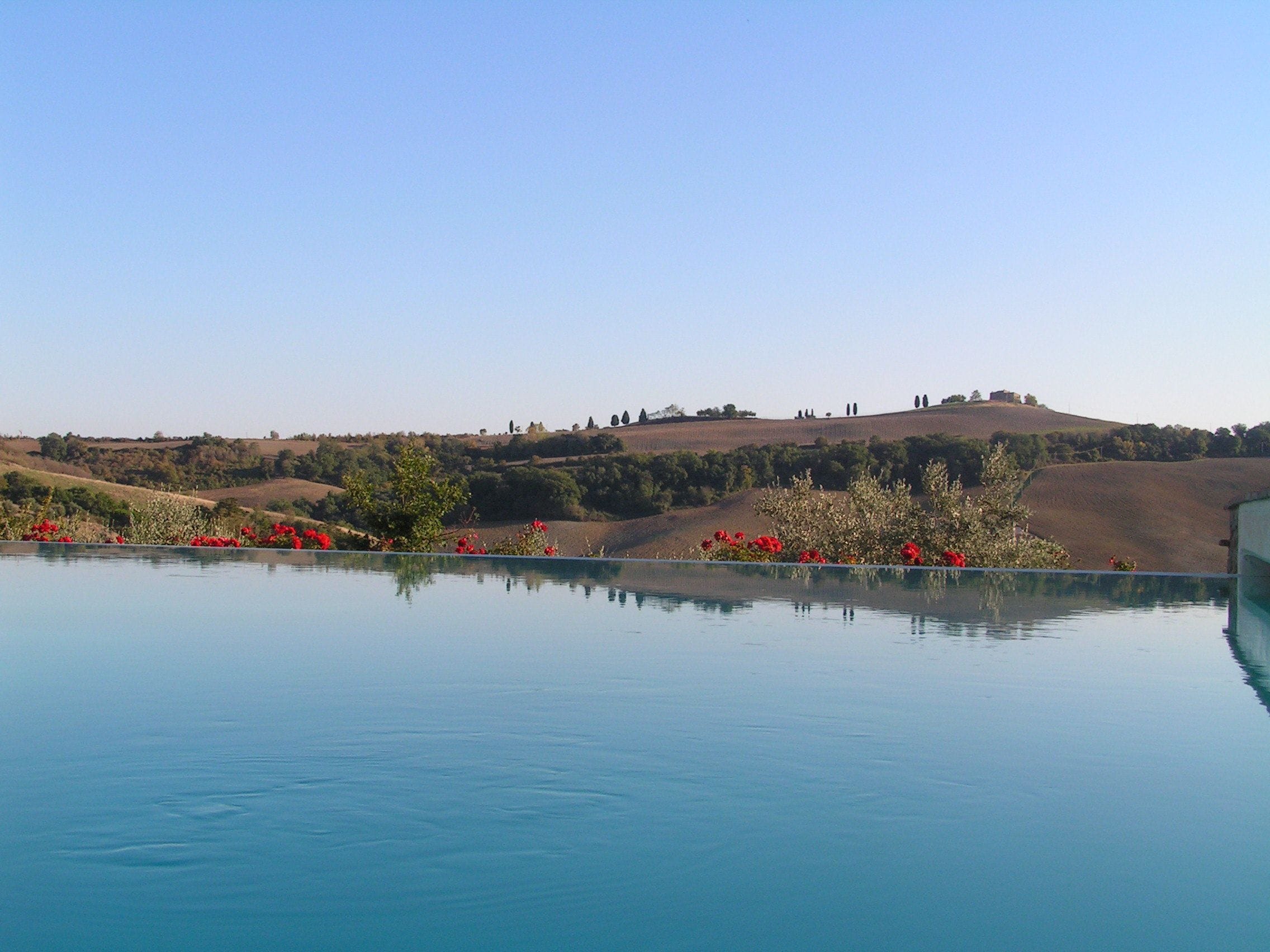 A pool with a view of rolling hills and a distant building.