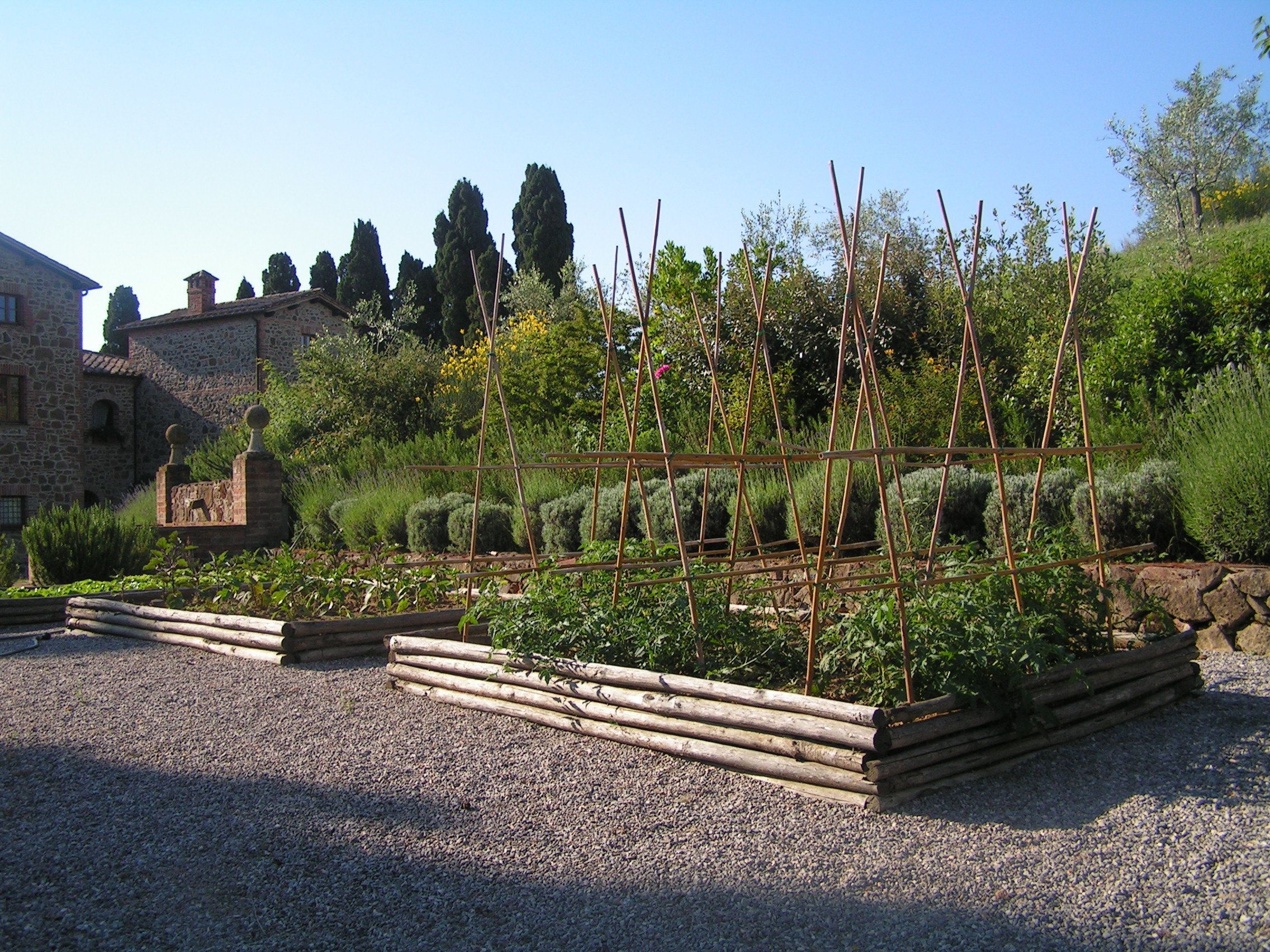 A garden with raised beds, a pergola, and a stone building in the background.