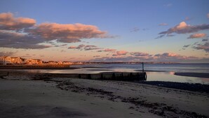 A coastal beach scene with a pier extending into calm waters, a sandy shore, and a distant town with buildings.