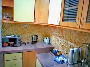 Fridge, microwave, oven, electric kettle