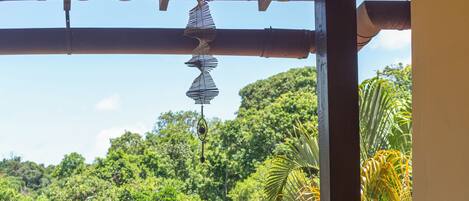 Un banco de madera y un sofá de mimbre con un cojín a rayas, ambos en un balcón con vistas a un follaje exuberante.