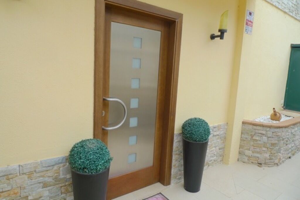 Uma porta com painéis de vidro jateado e puxador de metal, ladeada por dois vasos de plantas.