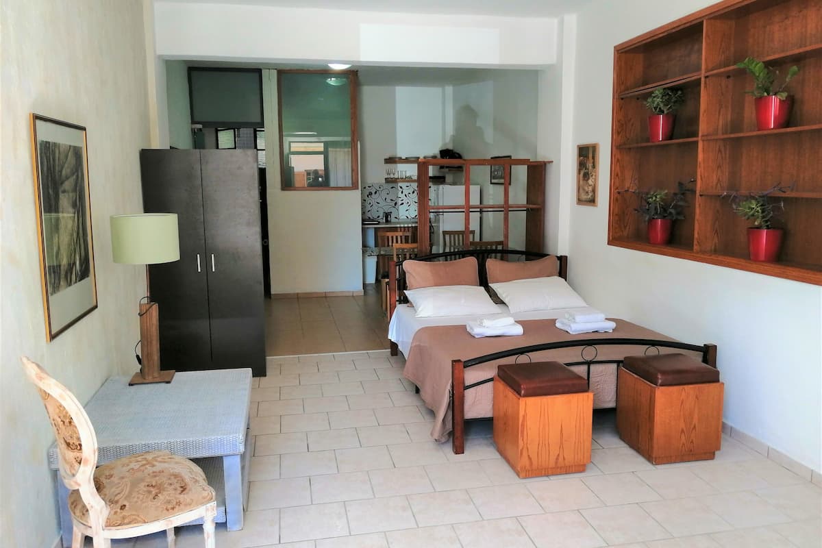 Un dormitorio con cama, mesitas de noche, escritorio, silla, armario y estante con plantas en macetas.