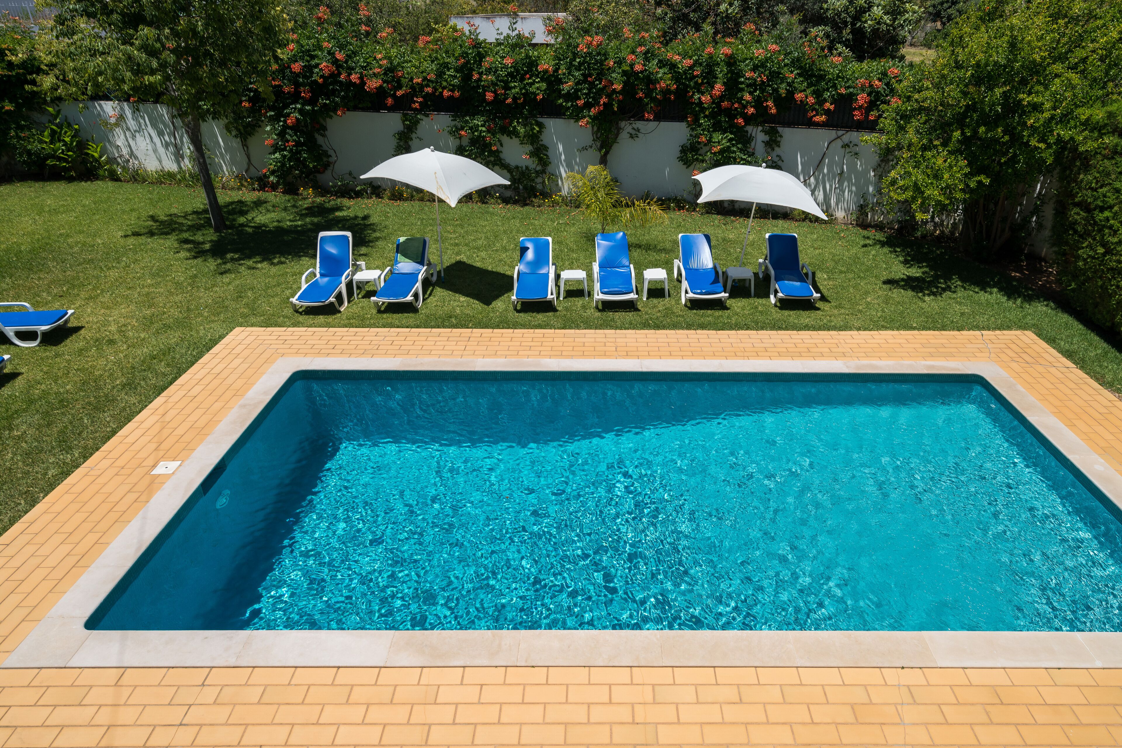 A rectangular pool with clear blue water, surrounded by a brick border. There are six blue lounge chairs with white umbrellas, arranged in two rows.