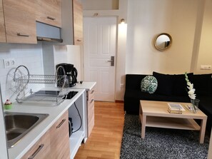 Cozy living space with a modern kitchenette, sofa, and decorative pillow, featuring a clean, minimalist design.