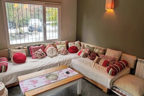 Smart TV, fireplace, books