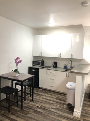 Fridge, microwave, coffee/tea maker, cookware/dishes/utensils