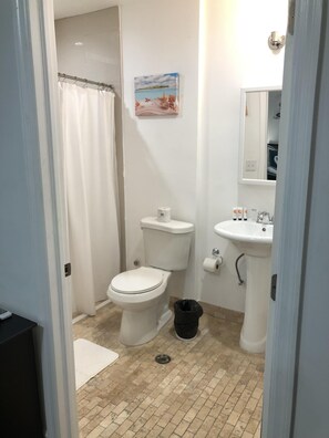 Hair dryer, towels, soap, toilet paper